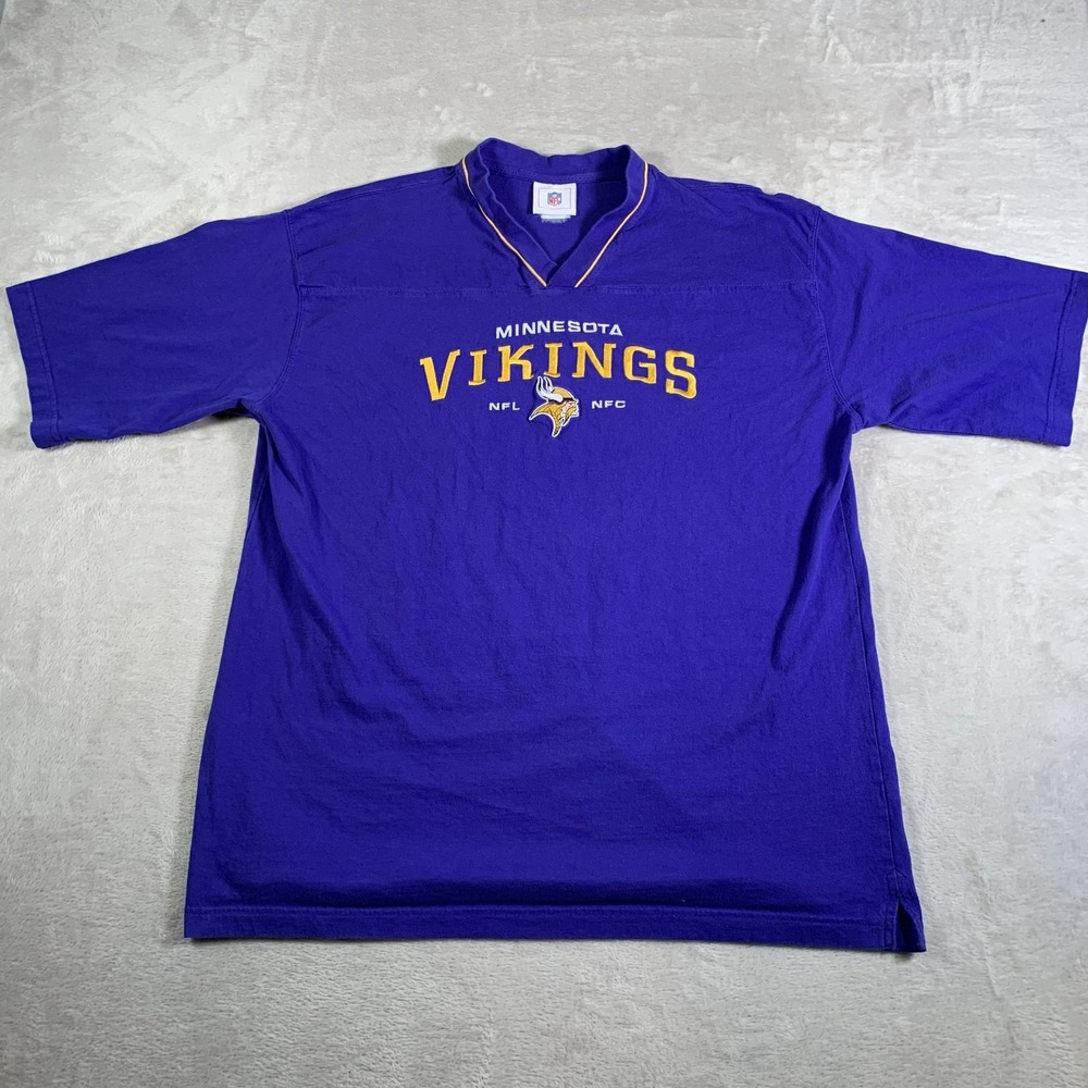 Minnesota Vikings Shirt Tee Mens Purple NFL Football V Neck Embroidered Vintage